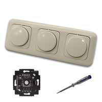Busch Jäger 6523UR-103 (3 Stück) LED Drehdimmer Dimmer + Dimmerscheiben 2115-212 in DURO2000 cremeweiß glänzend im 3-fach Rahmen inkl. EBROM Phasenprüfer zur Montage der Geräte 6523 UR-103