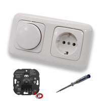 EBROM 1003 Universal ECO LED Drehdimmer Dimmer + Busch Jäger Dimmerscheibe 2115-214 und Steckdose 20EUC-214 in Reflex Si alpinweiß glänzend inklusive EBROM Phasenprüfer zur Montage der Geräte