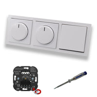 EBROM 1002 Universal PRO (2 x) LED Drehdimmer Dimmer + Busch Jäger Dimmerscheiben 6540-84-102 und Lichttaster 2020 US in Future Linear Studioweiß glänzend + EBROM Phasenprüfer zur Montage der Geräte
