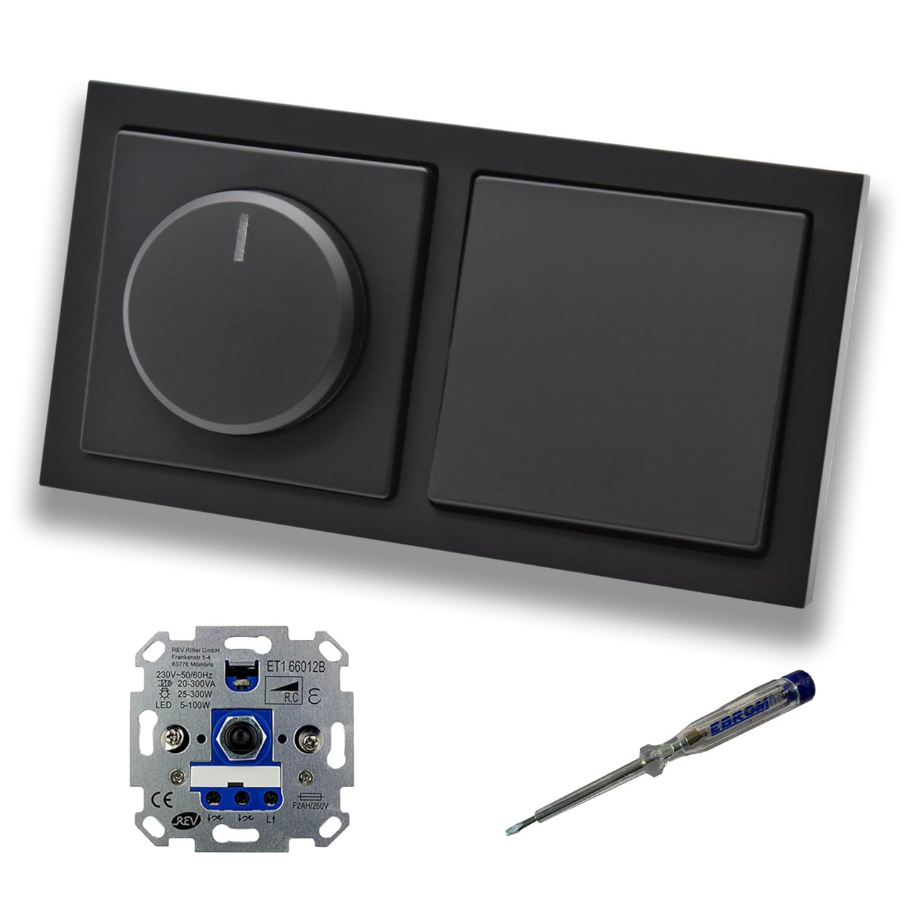 REV Ritter LED Drehdimmer Dimmer + Busch Jäger Dimmerscheibe 6540-885-102 + Kreuzschalter 2000/7 US in Future Linear schwarz matt inklusive EBROM Phasenprüfer zur Montage der Geräte ET1 66012B
