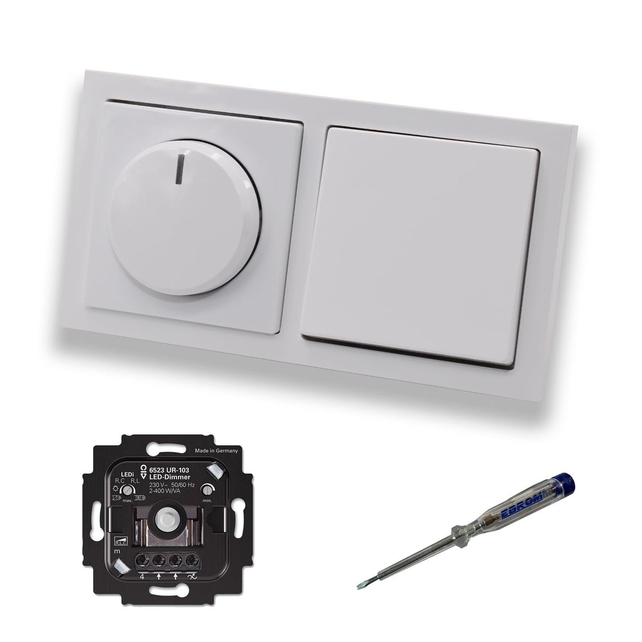 Busch Jäger 6523UR-103 LED Drehdimmer Dimmer + Dimmerscheibe 6540-84-102 und Lichttaster 2020 US in Future Linear Studioweiß glänzend inklusive EBROM Phasenprüfer zur Montage der Geräte 6523 UR-103