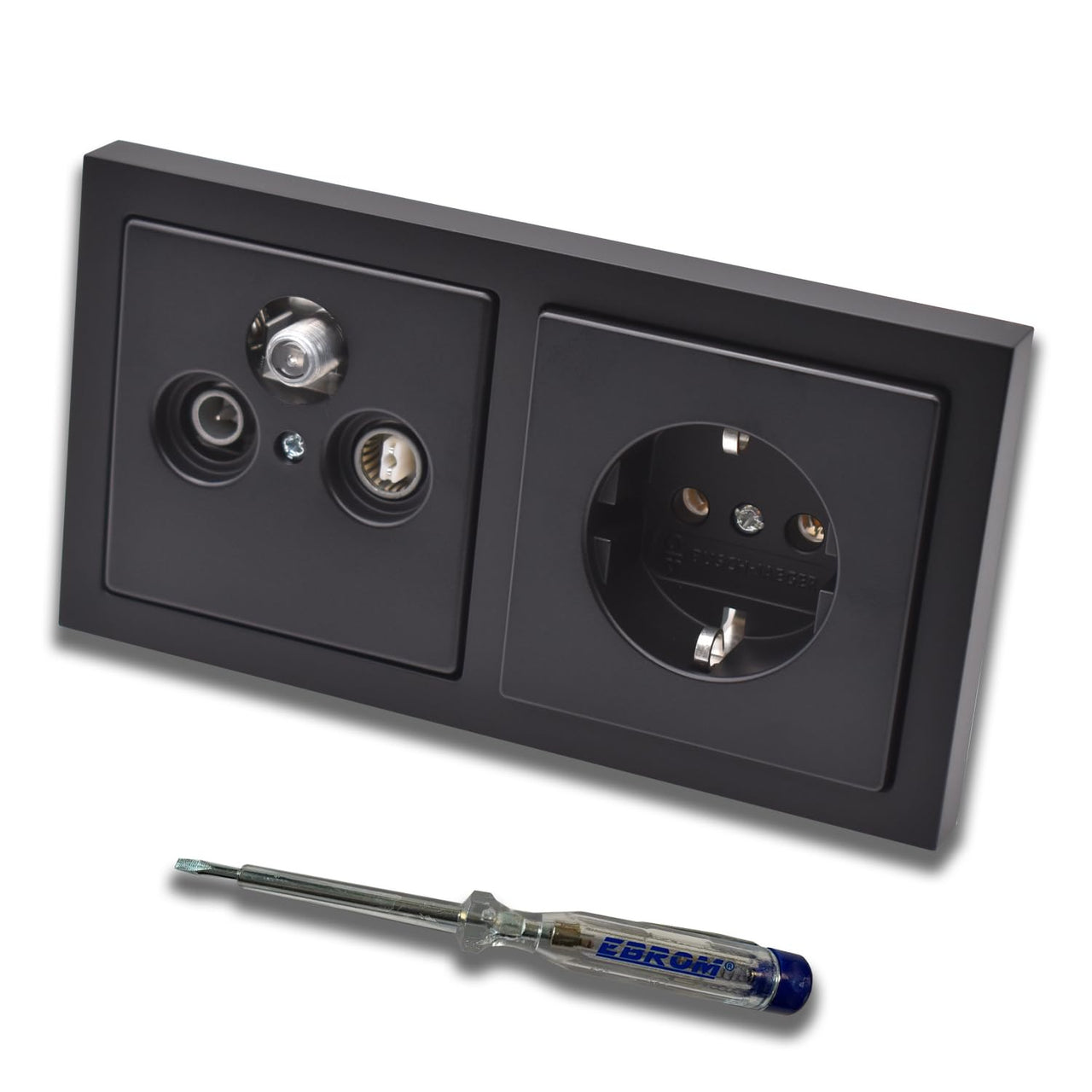 Busch Jäger SET: Unterputz 3-Loch Dose 47-2150 MHz, Enddose Stichdose, Radio/TV/SAT-Kompatibilität + Future Linear schwarz matt Rahmen + Steckdose 20EUC-885 + EBROM Phasenprüfer zur Montage d. Geräte