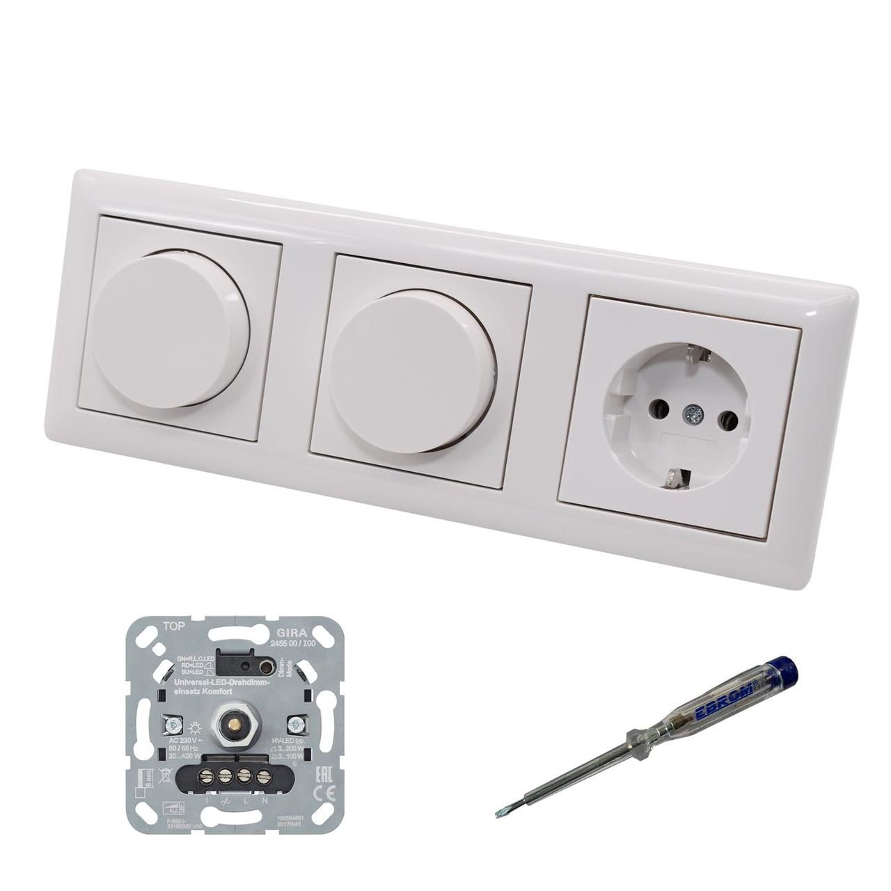 GIRA 245500 (2 x) LED Drehdimmer Dimmer + Dimmerscheiben Zentralscheiben 065003 und Steckdose mit Kinderschutz 445303 in System55 reinweiß glänzend + EBROM Phasenprüfer zur Montage der Geräte