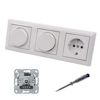 GIRA 245500 (2 x) LED Drehdimmer Dimmer + Dimmerscheiben Zentralscheiben 065003 und Steckdose mit Kinderschutz 445303 in System55 reinweiß glänzend + EBROM Phasenprüfer zur Montage der Geräte