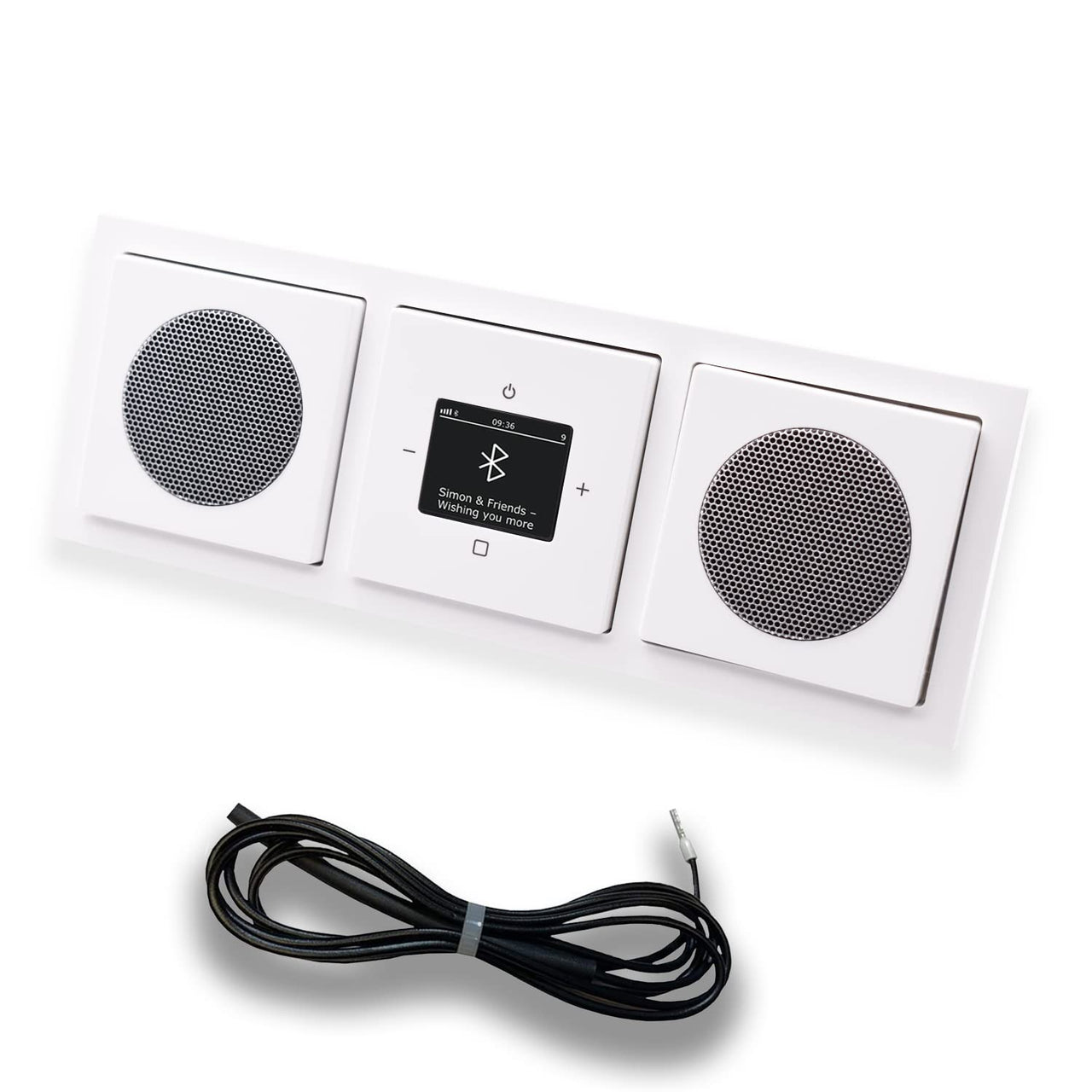 Busch Jäger DAB+ Unterputz Bluetooth (in and out) Radio 8217U-101 Future Linear Studioweiß, Set mit 2 x Lautsprecher, Abdeckungen, Rahmen + 0,9 m EBROM Wurfantenne z. Empfangsoptimierung, 8217 U – 101