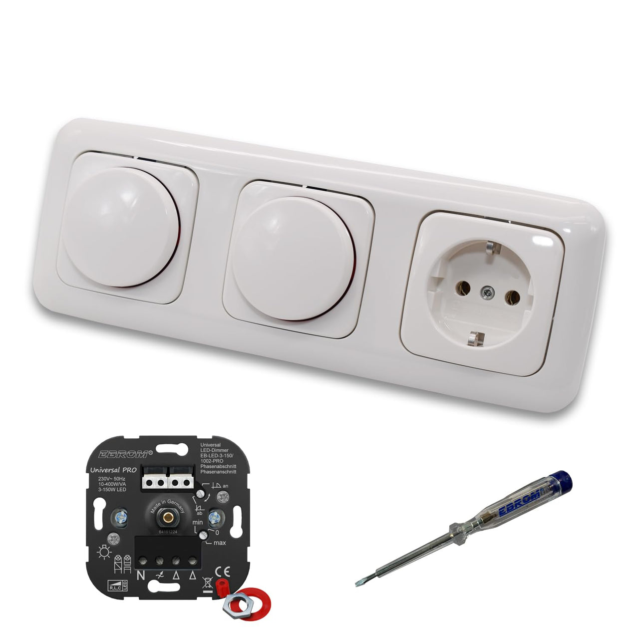 EBROM 1002 Universal PRO (2 x) LED Drehdimmer Dimmer + Busch Jäger Dimmerscheibe 2115-214 und Steckdose 20EUC-214 in Reflex Si alpinweiß glänzend inklusive EBROM Phasenprüfer zur Montage der Geräte