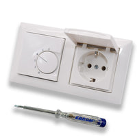 Halmburger UP Raumthermostat Raumtemperaturregler RTR-5510rg in Busch Jäger Balance SI alpinweiß Rahmen 1722-914 + Klappsteckdose 20EUK-914 inkl EBROM Phasenprüfer zur Montage der Geräte RTR-5510 (rg)