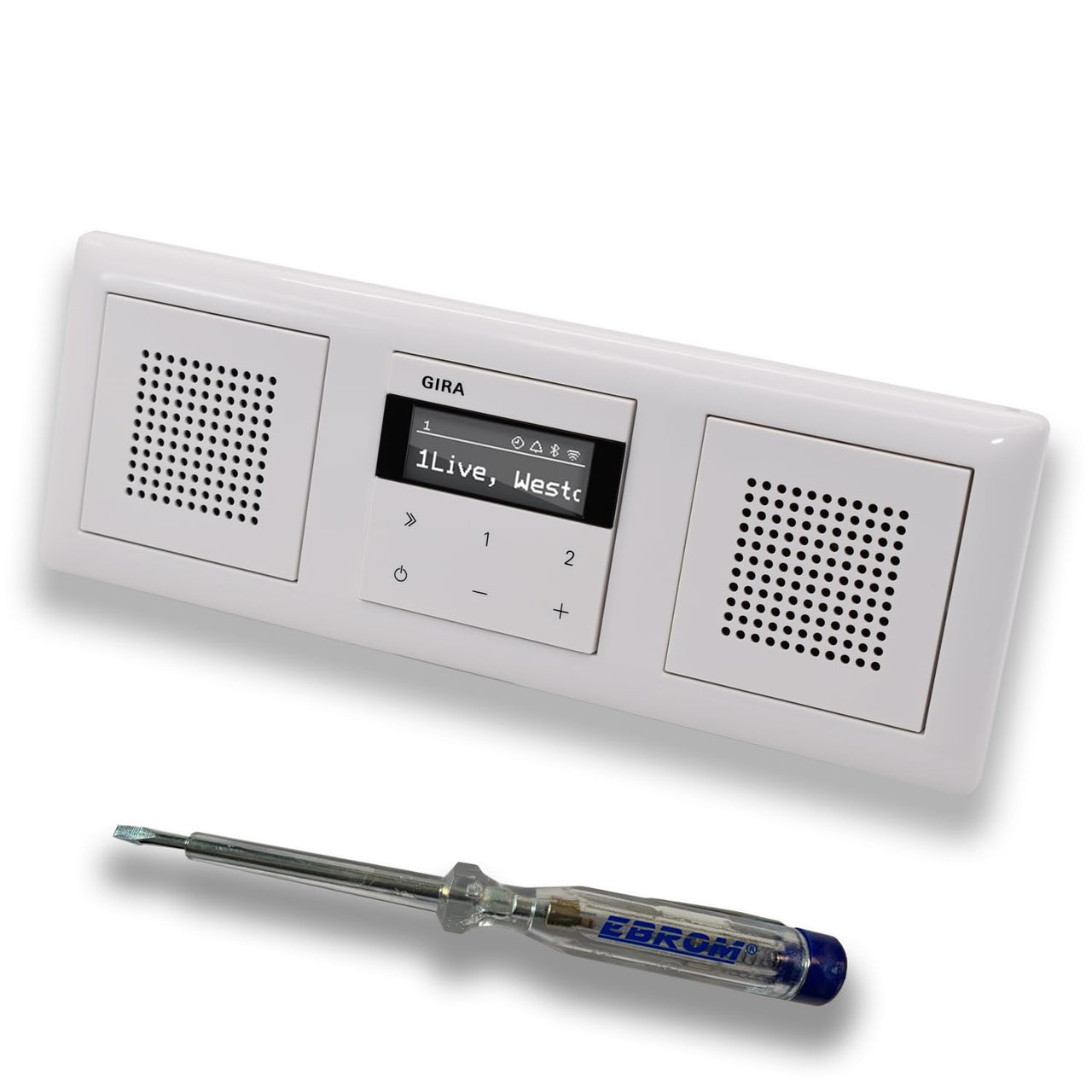 Gira Unterputz IP Internetradio 232003 + Bluetooth Komplett-Set mit 2 x Lautsprecher - System 55 - reinweiß glänzend mit 3fach Rahmen Gira 021303 inkl. EBROM Phasenprüfer zur Montage der Geräte
