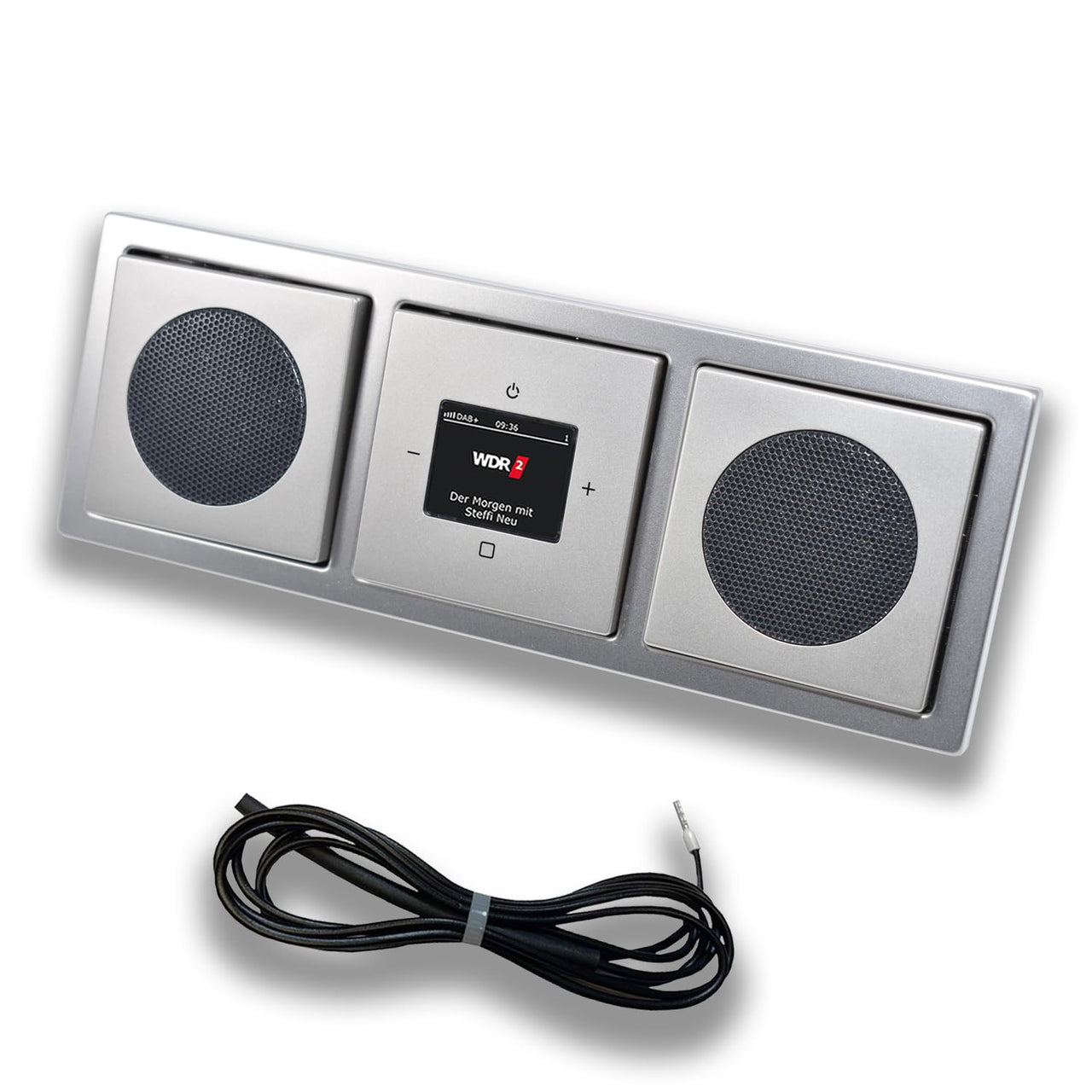 Busch Jäger DAB+ (DAB PLUS) Unterputz Radio 8215U-101 PUR Edelstahl, Set mit 2 x Lautsprecher, Abdeckungen und Rahmen + 0,9 m EBROM Wurfantenne zur Empfangsoptimierung - 8215 U – 101