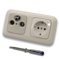 Busch Jäger SET: Unterputz 3-Loch Dose 47-2150 MHz, Enddose Stichdose, Radio/TV/SAT-Kompatibilität + DURO2000 cremeweiß 2fach Rahmen + Steckdose 20 EUC-212 + EBROM Phasenprüfer zur Montage der Geräte