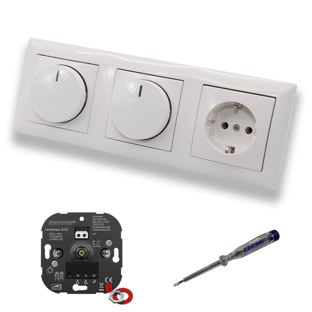 EBROM 1003 Universal ECO (2 x) LED Drehdimmer Dimmer + Busch Jäger Dimmerscheiben 2115-914 und Steckdose mit Kinderschutz 20EUCKS-914 in Balance Si alpinweiß glänzend + EBROM Phasenprüfer zur Montage