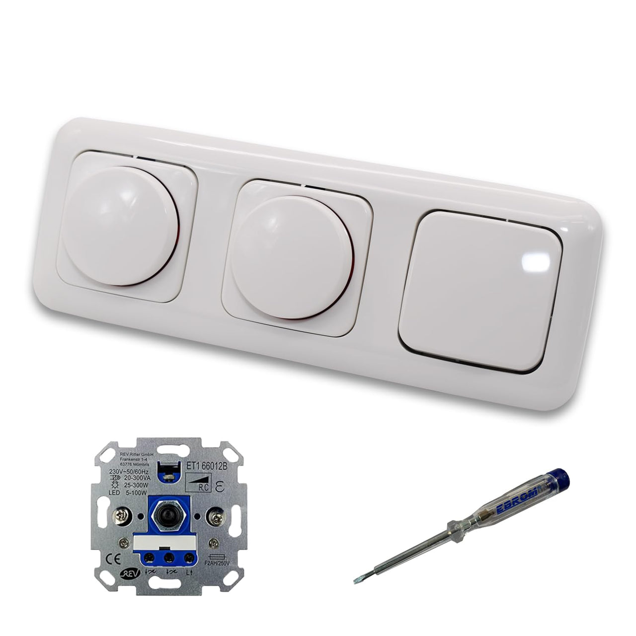 REV Ritter (2 x) LED Drehdimmer Dimmer + Busch Jäger Dimmerscheiben 2115-214 und Lichtschalter 2000/6 US in Reflex Si alpinweiß glänzend inklusive EBROM Phasenprüfer zur Montage der Geräte ET1 66012B
