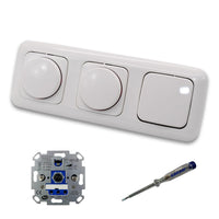 REV Ritter (2 x) LED Drehdimmer Dimmer + Busch Jäger Dimmerscheiben 2115-214 und Lichtschalter 2000/6 US in Reflex Si alpinweiß glänzend inklusive EBROM Phasenprüfer zur Montage der Geräte ET1 66012B