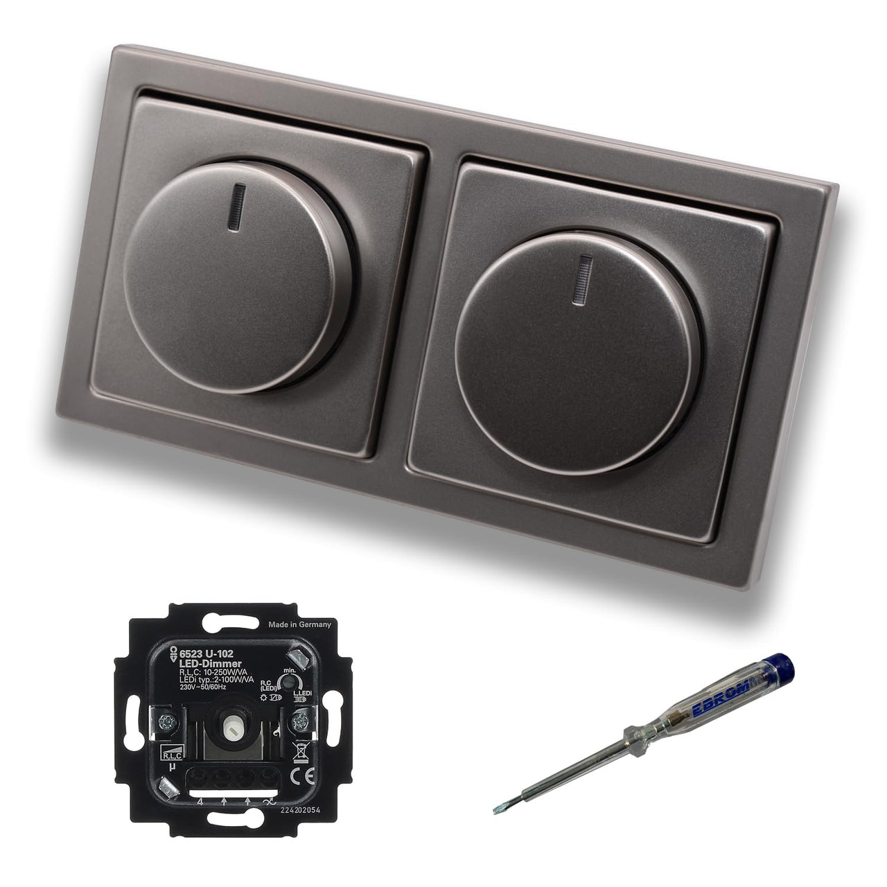 Busch Jäger 6523U-102 (2 Stück) LED Drehdimmer Dimmer + Dimmerscheiben 6540-866-102 in PUR Edelstahl im 2-fach Rahmen inkl. EBROM Phasenprüfer zur Montage der Geräte 6523 U - 102