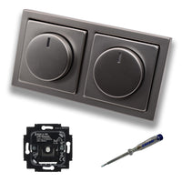 Busch Jäger 6523U-102 (2 Stück) LED Drehdimmer Dimmer + Dimmerscheiben 6540-866-102 in PUR Edelstahl im 2-fach Rahmen inkl. EBROM Phasenprüfer zur Montage der Geräte 6523 U - 102