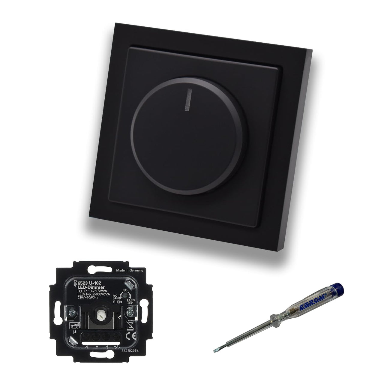 Busch Jäger 6523U-102 LED-Drehdimmer LED-Dimmer mit Dimmerscheibe Zentralplatte 6540-84-102 Einfachrahmen in Future Linear schwarz matt + EBROM Phasenprüfer z. Montage des Dimmers 6523 U – 102