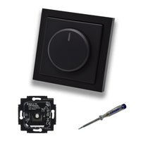 Busch Jäger 6523U-102 LED-Drehdimmer LED-Dimmer mit Dimmerscheibe Zentralplatte 6540-84-102 Einfachrahmen in Future Linear schwarz matt + EBROM Phasenprüfer z. Montage des Dimmers 6523 U – 102