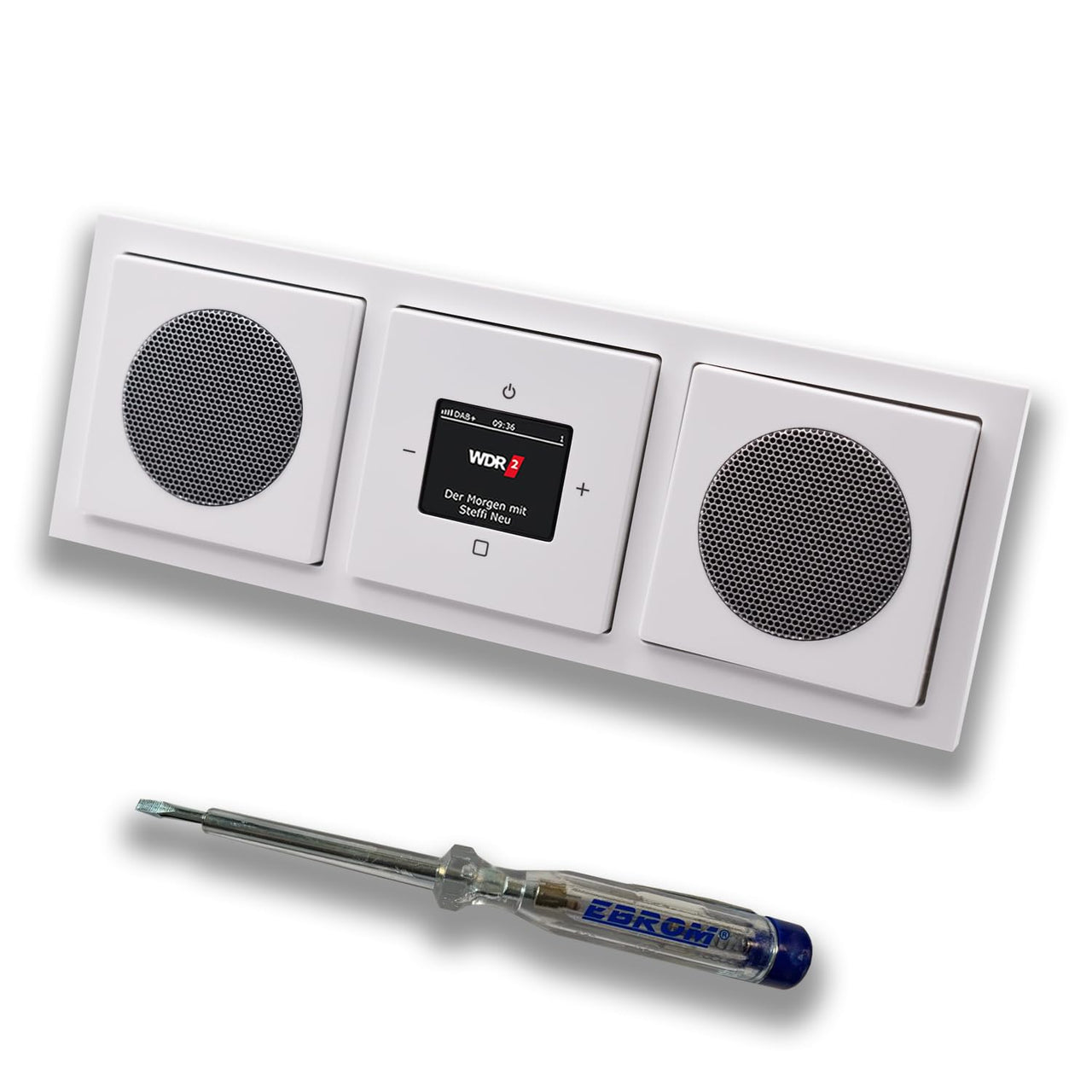 Busch Jäger DAB+ (DAB PLUS) Unterputz Radio 8215U-101 Future Linear Studioweiß, Set mit 2 x Lautsprecher, Abdeckungen, Rahmen + EBROM Phasenprüfer zur Montage d. Geräte - 8215 U – 101