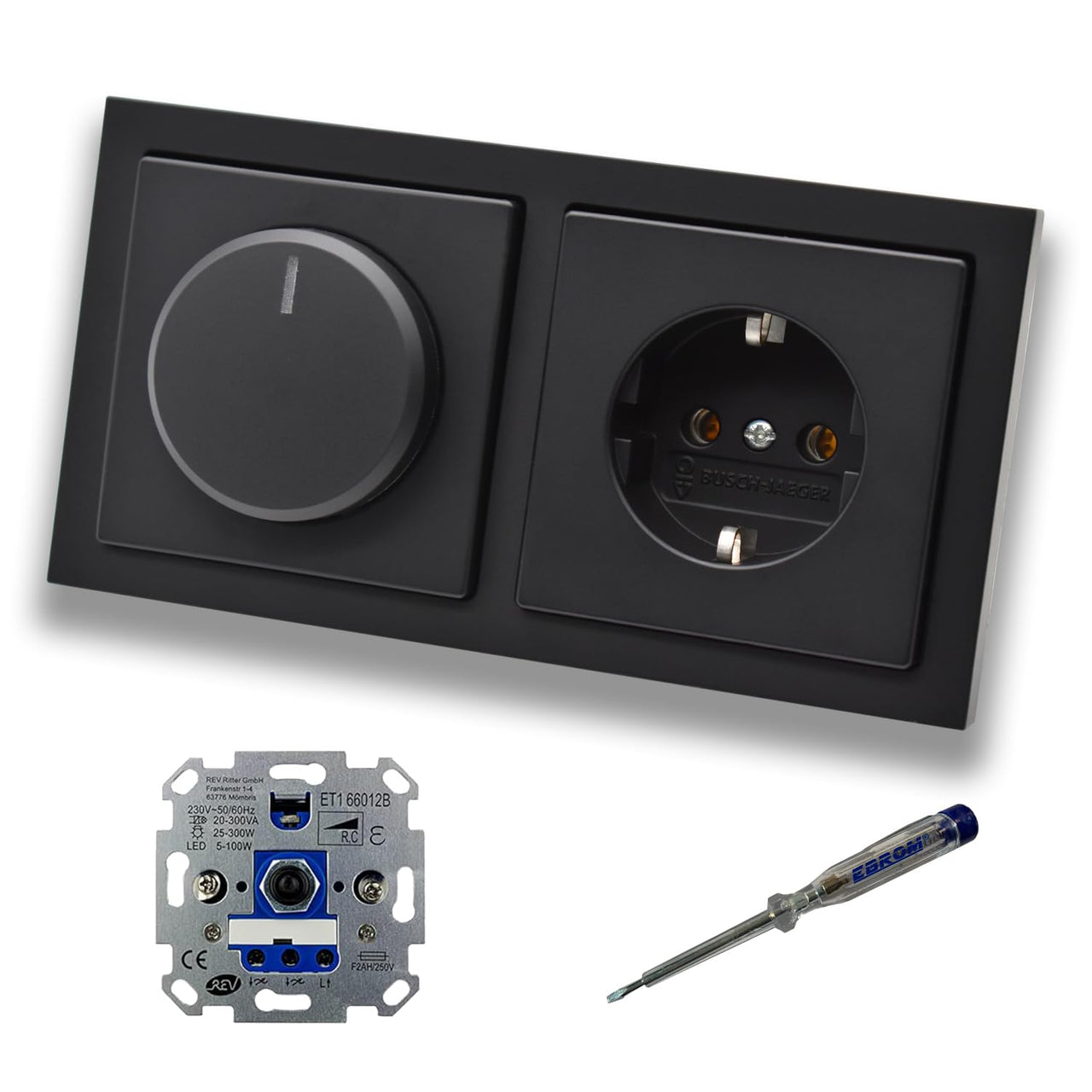 REV Ritter LED Drehdimmer Dimmer + Busch Jäger Dimmerscheibe 6540-885-102 und Steckdose 20EUC-885 in Future Linear schwarz matt inklusive EBROM Phasenprüfer zur Montage der Geräte ET1 66012B