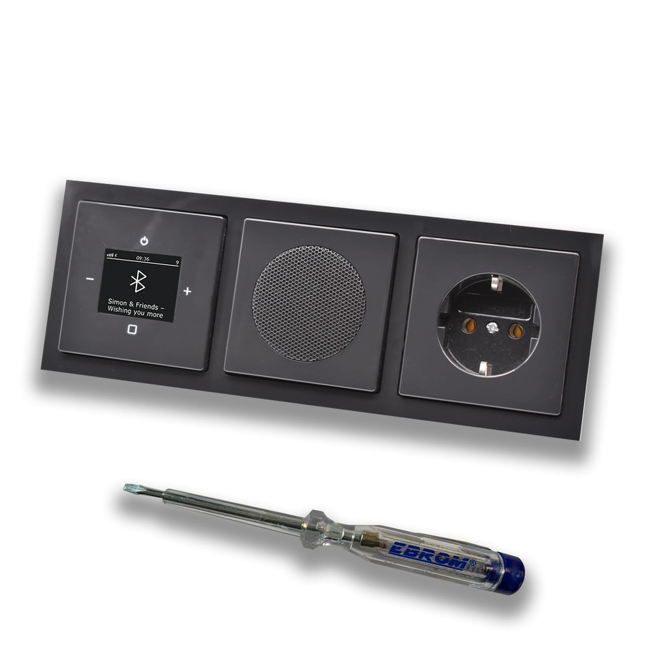 Busch Jäger DAB+ Unterputz Bluetooth (in and out) Radio 8217U-101 Future Anthrazit, Komplett-Set mit Lautsprecher, Abdeckungen, Steckdose, Rahmen + EBROM Phasenprüfer zur Montage d. Geräte - 8217U