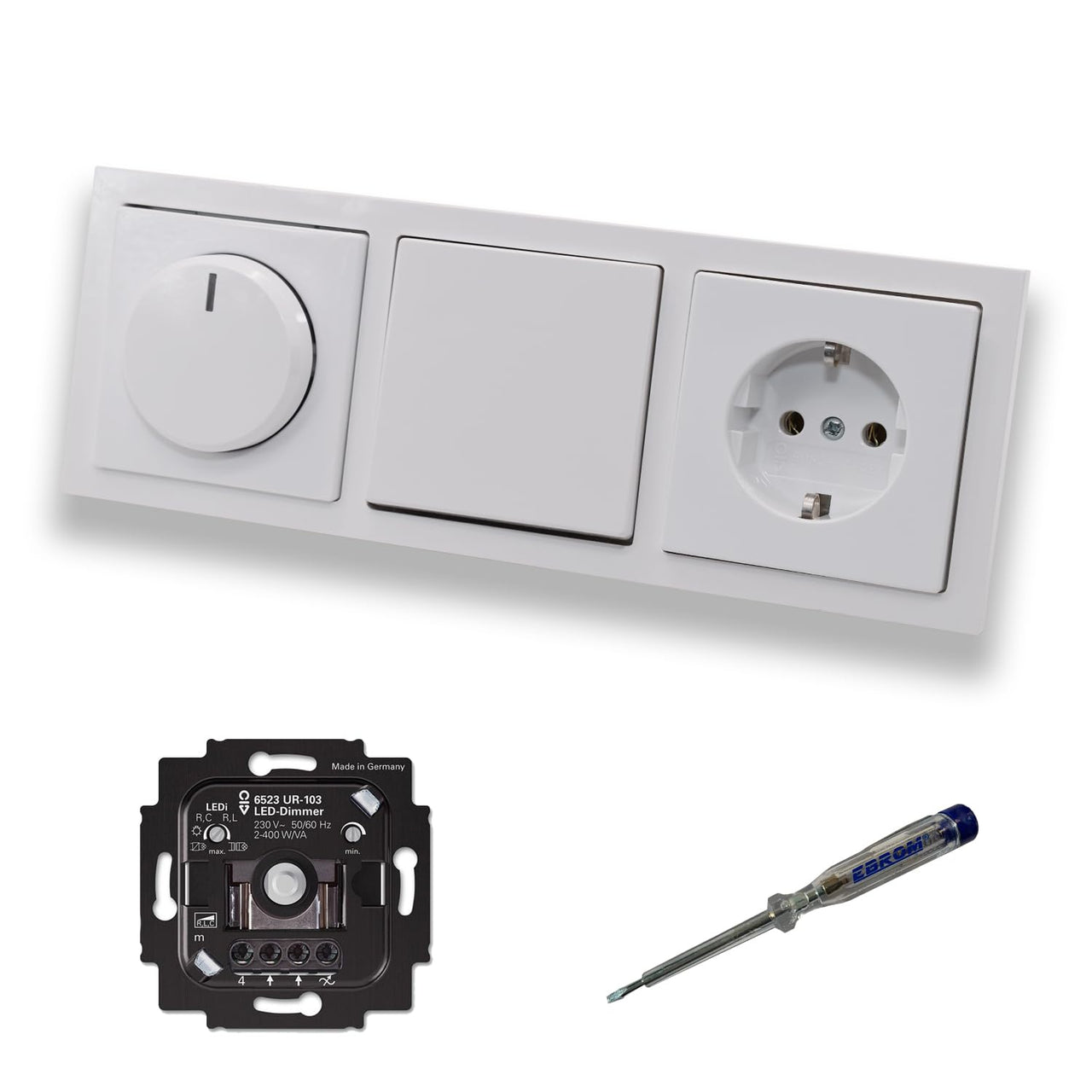 Busch Jäger 6523UR-103 LED Drehdimmer Dimmer + Dimmerscheibe 6540-84-102 + Lichtschalter 2000/6US + Steckdose 20EUC-84 Future Linear Studioweiß + EBROM Phasenprüfer zur Montage der Geräte 6523 UR-103
