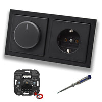 EBROM 1002 Universal PRO LED Drehdimmer Dimmer + Busch Jäger Dimmerscheibe 6540-885-102 und Steckdose 20EUC-885 in Future Linear Schwarz matt inklusive EBROM Phasenprüfer zur Montage der Geräte