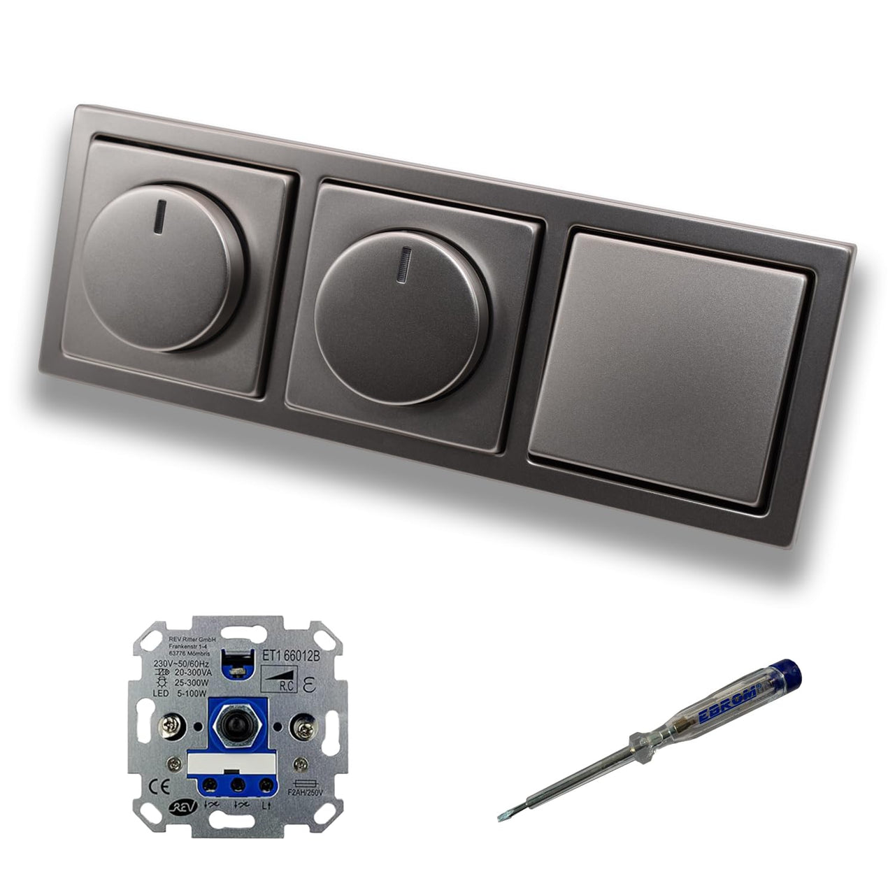 REV Ritter (2 x) LED Drehdimmer Dimmer + Busch Jäger Dimmerscheiben 6540-866-102 und Lichtschalter 2000/6 US in PUR Edelstahl inklusive EBROM Phasenprüfer zur Montage d. Geräte ET1 66012B