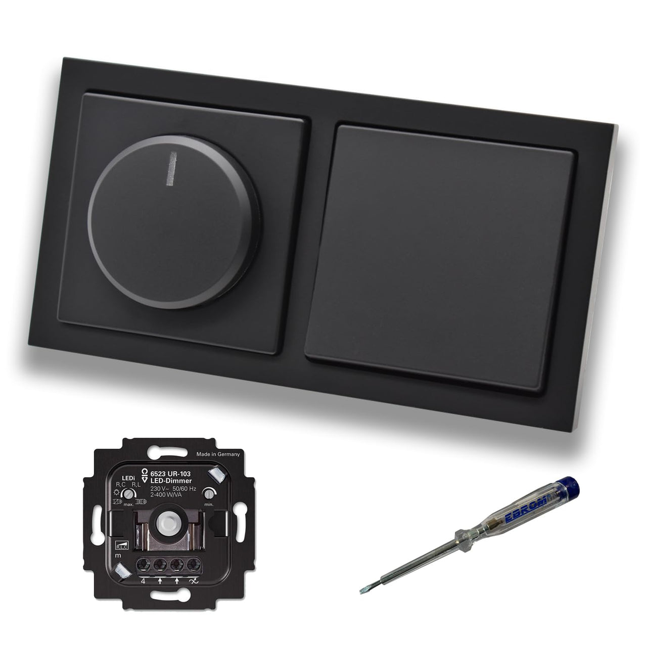 Busch Jäger 6523UR-103 LED Drehdimmer Dimmer + Dimmerscheibe 6540-885-102 + Lichtschalter 2000/6 US in Future Linear schwarz matt inklusive EBROM Phasenprüfer zur Montage der Geräte 6523 UR-103