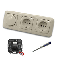 EBROM 1002 Universal PRO LED Drehdimmer Dimmer + Busch Jäger Dimmerscheibe 2115-212 und 2 x Steckdose 20EUC-212 in DURO2000 cremeweiß glänzend inklusive EBROM Phasenprüfer zur Montage der Geräte