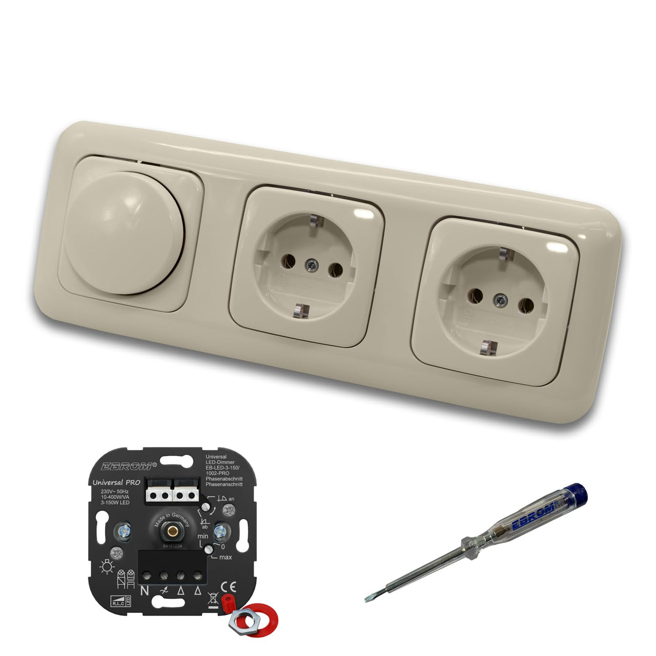 EBROM 1002 Universal PRO LED Drehdimmer Dimmer + Busch Jäger Dimmerscheibe 2115-212 und 2 x Steckdose mit Kinderschutz 20EUCKS-212 in DURO2000 cremeweiß glänzend + EBROM Phasenprüfer zur Montage