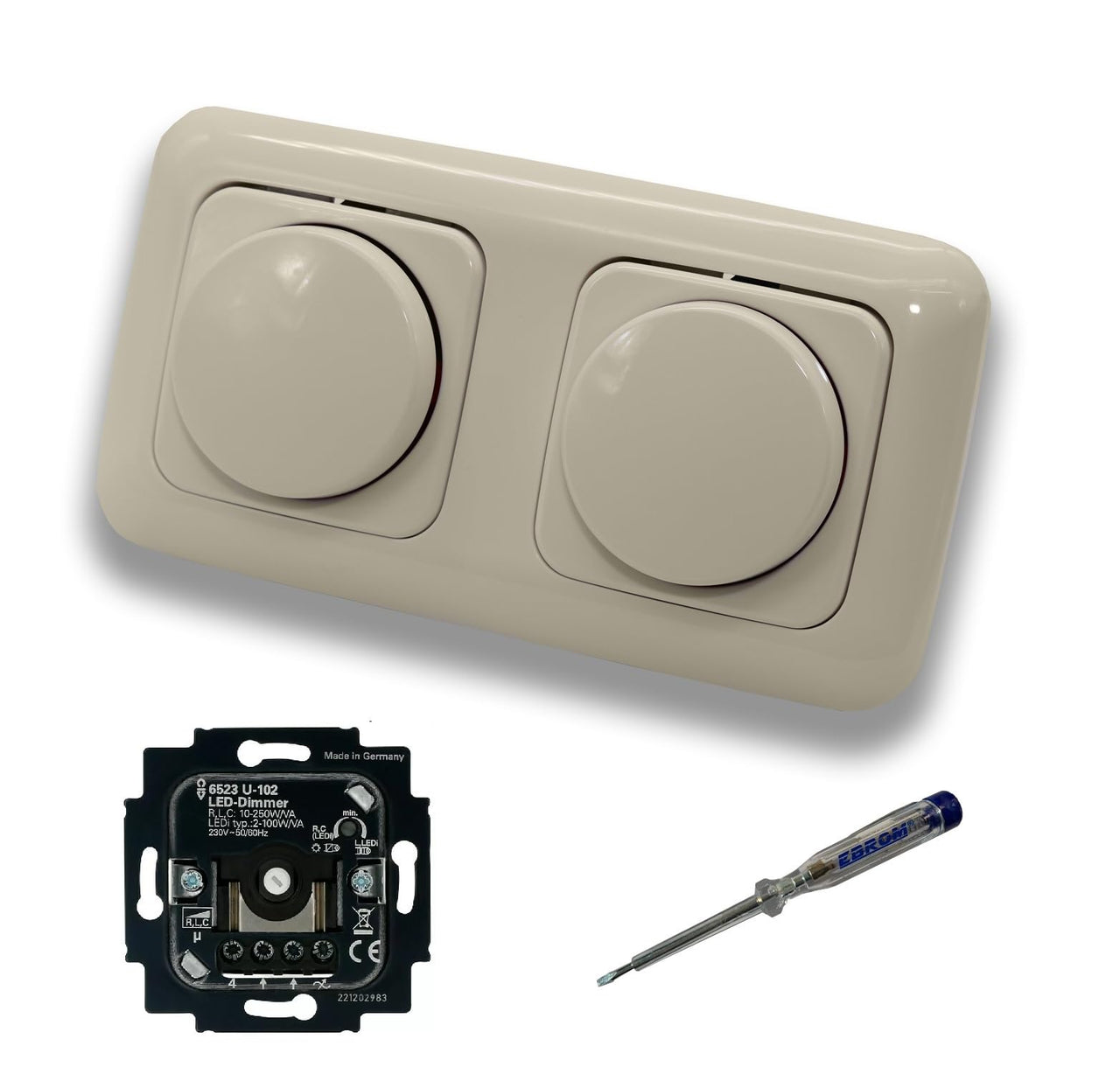 Busch Jäger 6523U-102 (2 Stück) LED Drehdimmer Dimmer + Dimmerscheiben 2115-212 in DURO2000 cremeweiß glänzend im 2-fach Rahmen inkl. EBROM Phasenprüfer zur Montage der Geräte 6523 U - 102