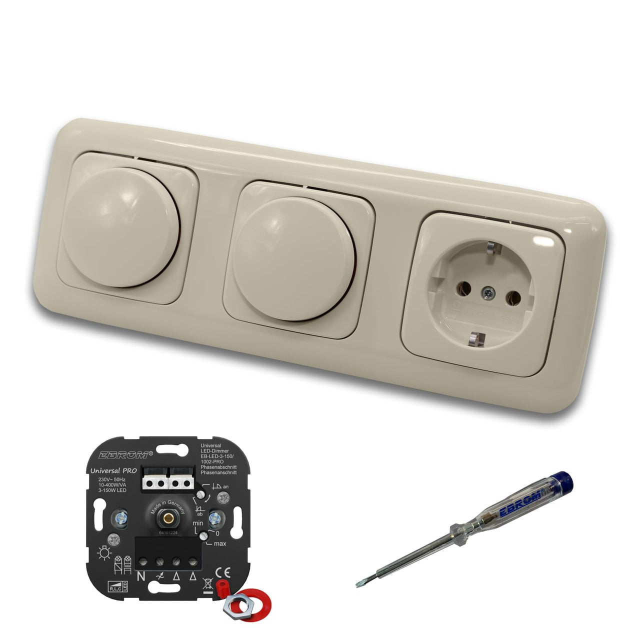 EBROM 1002 Universal PRO (2 x) LED Drehdimmer Dimmer + Busch Jäger Dimmerscheibe 2115-212 und Steckdose 20EUC-212 in DURO2000 cremeweiß glänzend inklusive EBROM Phasenprüfer zur Montage der Geräte