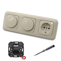 EBROM 1002 Universal PRO (2 x) LED Drehdimmer Dimmer + Busch Jäger Dimmerscheiben 2115-212 und Steckdose mit Kinderschutz 20EUCKS-212 in DURO2000 cremeweiß glänzend + EBROM Phasenprüfer zur Montage