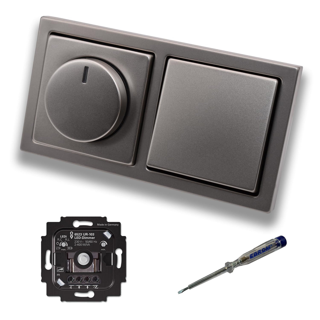 Busch Jäger 6523UR-103 LED Drehdimmer Dimmer + Dimmerscheibe 6540-866-102 und Lichttaster 2020 US in PUR Edelstahl inklusive EBROM Phasenprüfer zur Montage der Geräte 6523 UR-103