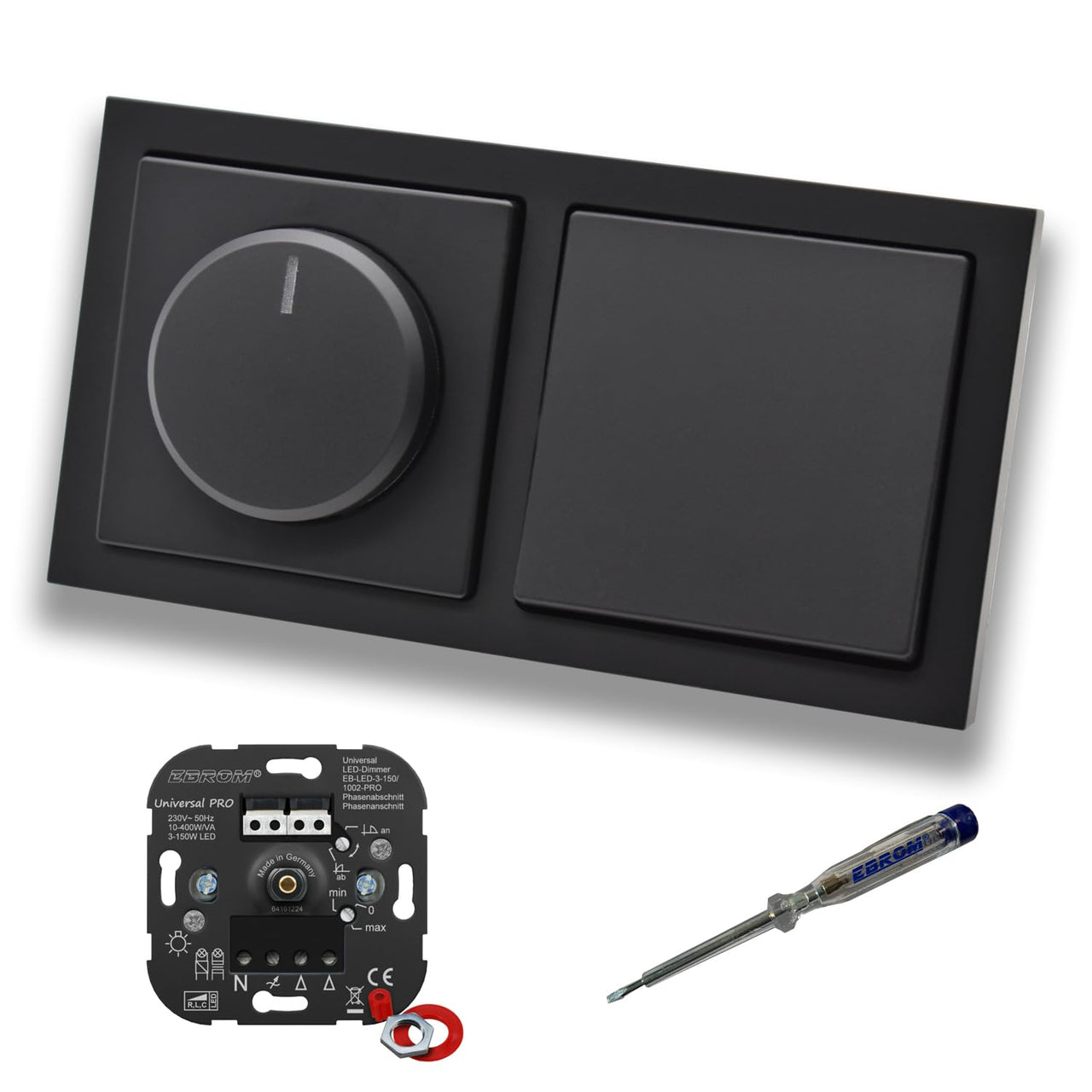 EBROM 1002 Universal PRO LED Drehdimmer Dimmer + Busch Jäger Dimmerscheibe 6540-885-102 + Lichtschalter 2000/6 US in Future Linear Schwarz matt inklusive EBROM Phasenprüfer z. Montage der Geräte