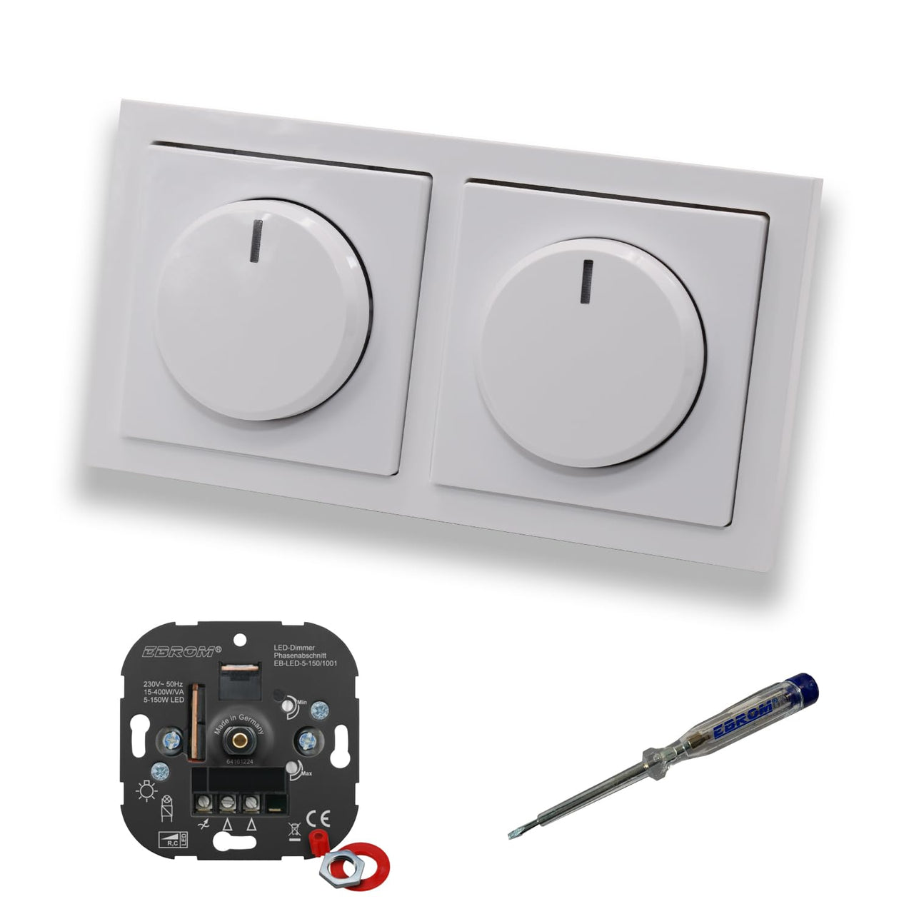 EBROM 1001 (2 Stück) LED Drehdimmer Dimmer + Busch Jäger Dimmerscheiben 6540-84-102 in Future Linear Studioweiß glänzend im 2-fach Rahmen inkl. EBROM Phasenprüfer zur Montage der Geräte