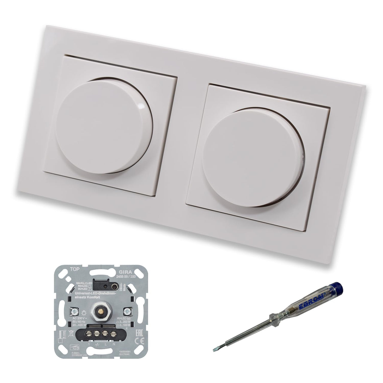 GIRA 245500 (2 Stück) LED Drehdimmer Dimmer + Dimmerscheiben Zentralscheiben 065003 in Gira E2 reinweiß glänzend im 2-fach Rahmen inkl. EBROM Phasenprüfer zur Montage der Geräte