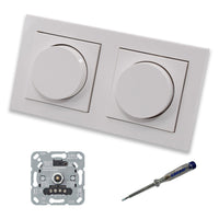 GIRA 245500 (2 Stück) LED Drehdimmer Dimmer + Dimmerscheiben Zentralscheiben 065003 in Gira E2 reinweiß glänzend im 2-fach Rahmen inkl. EBROM Phasenprüfer zur Montage der Geräte