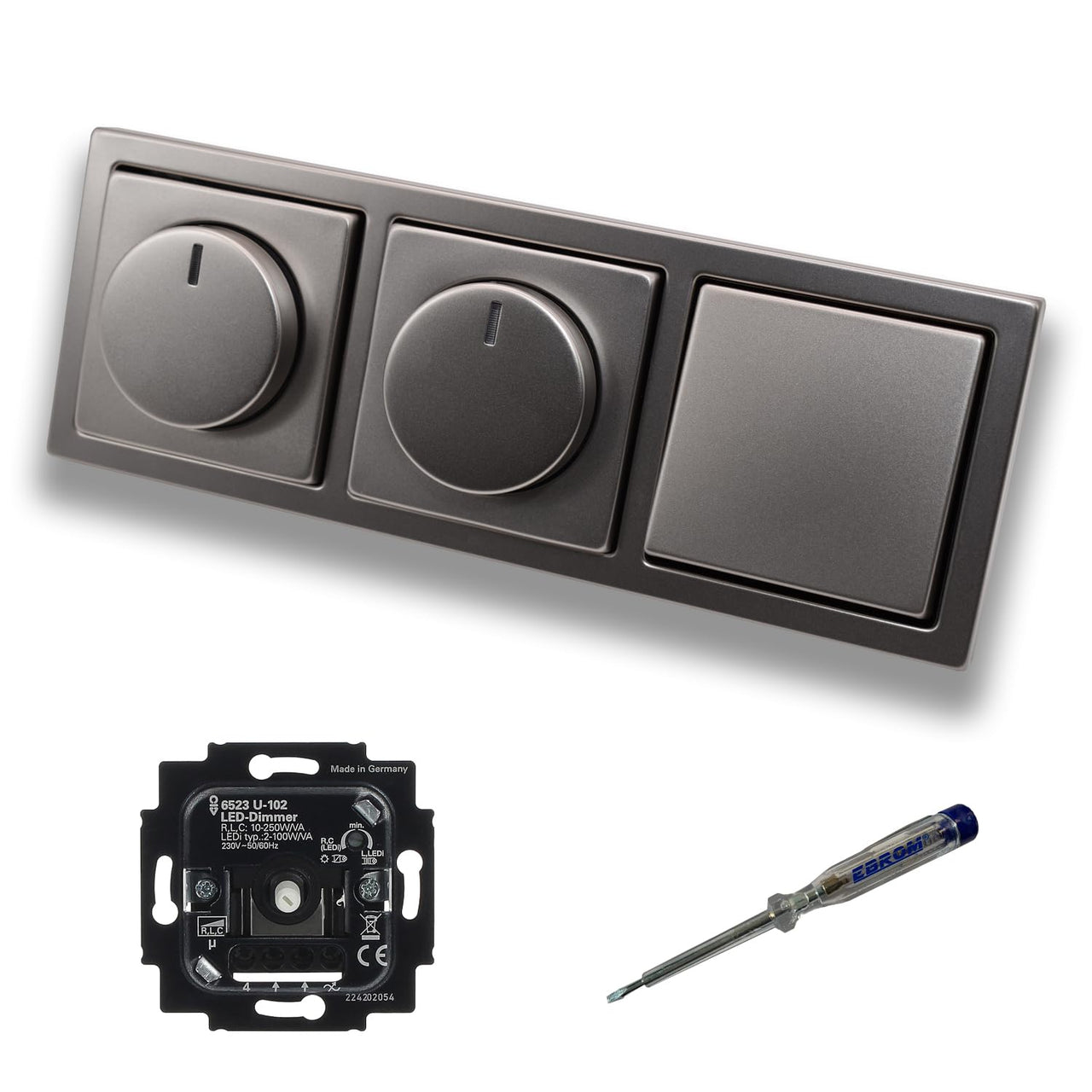 Busch Jäger 6523U-102 (2 x) LED Drehdimmer Dimmer + Dimmerscheiben 6540-866-102 und Kreuzschalter 2000/7 US in PUR Edelstahl inklusive EBROM Phasenprüfer zur Montage d. Geräte 6523 U – 102