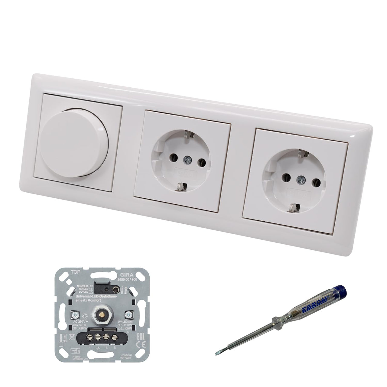 GIRA 245500 LED Drehdimmer Dimmer + Dimmerscheibe Zentralscheibe 065003 und 2 x Steckdose 418803 in System55 reinweiß glänzend inklusive EBROM Phasenprüfer zur Montage der Geräte