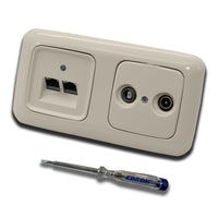 Busch Jäger, Rutenbeck Unterputz Netzwerkdose 10 Gigabit/S (10GbE) KAT6A 6A 2 x RJ45 Anschluss + WISI 2-Loch Durchgangsdose im BJ DUR2000 cremeweiß Design + EBROM Phasenprüfer z. Montage d. Geräte