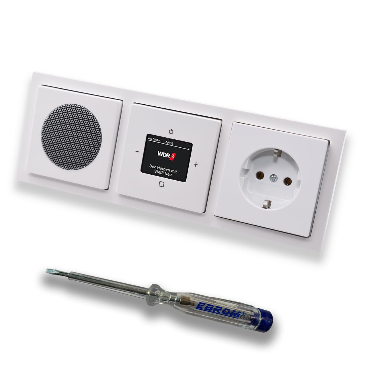 Busch Jäger DAB+ (DAB PLUS) UnterputzRadio 8215U-101 Future Linear Studioweiß, Set mit Lautsprecher, Abdeckungen, Steckdose mit Kinderschutz, Rahmen + EBROM Phasenprüfer zur Montage d. Geräte - 8215U