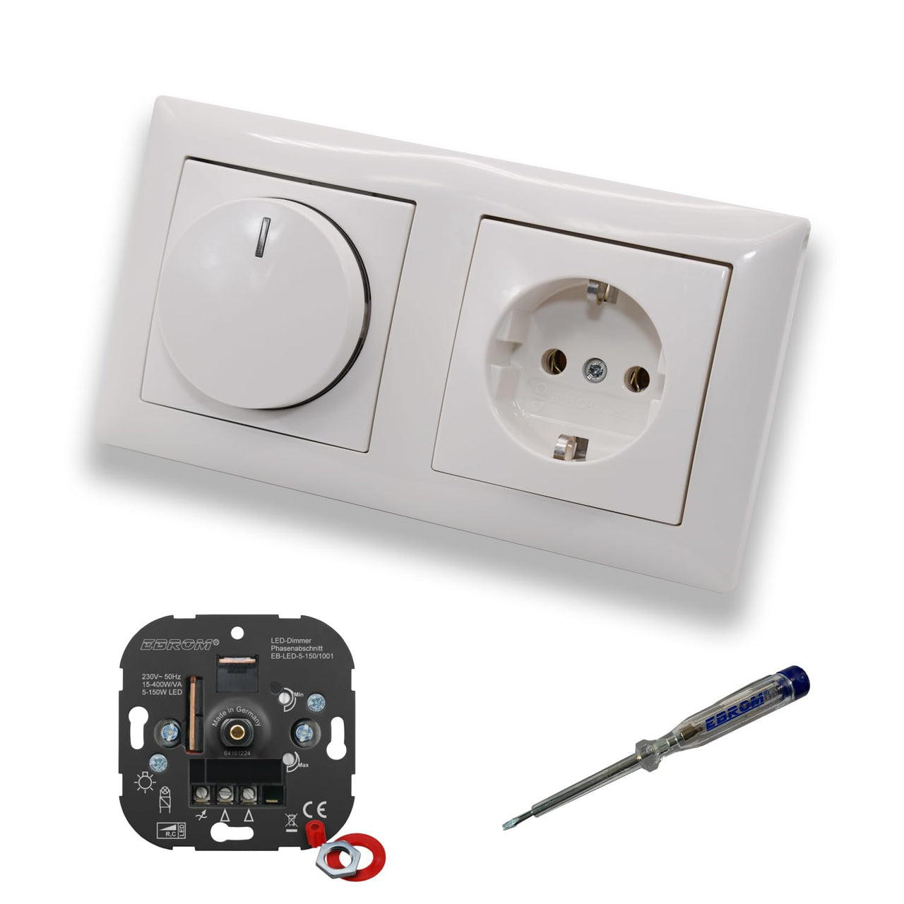 EBROM 1001 LED Drehdimmer Dimmer + Busch Jäger Dimmerscheibe 2115-914 und Steckdose 20EUC-914 in Balance Si alpinweiß glänzend inklusive EBROM Phasenprüfer zur Montage der Geräte