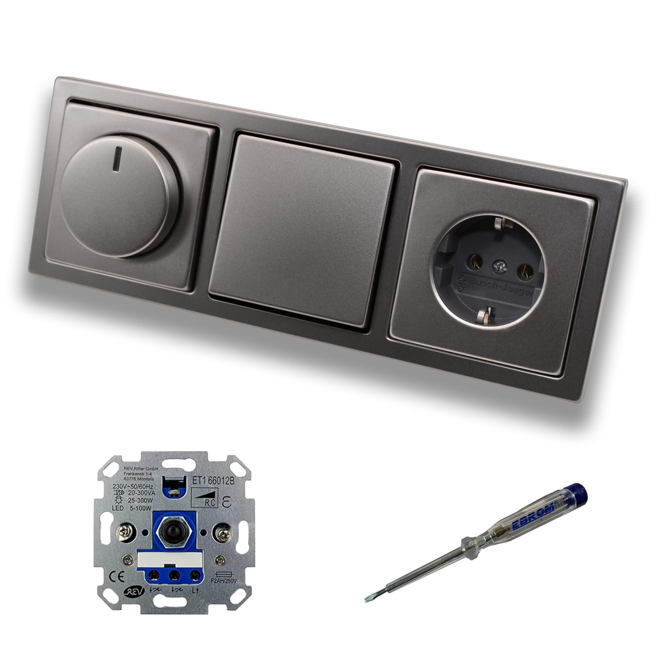 REV Ritter LED Drehdimmer Dimmer + Busch Jäger Dimmerscheibe 6540-866-102 + Kreuzschalter 2000/7US + Steckdose 20EUC-866 PUR Edelstahl + EBROM Phasenprüfer z. Montage d. Geräte ET1 66012B