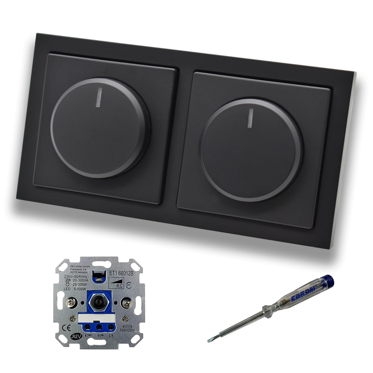 REV Ritter (2 Stück) LED Drehdimmer Dimmer + Busch Jäger Dimmerscheiben 6540-885-102 in Future Linear schwarz matt im 2-fach Rahmen + EBROM Phasenprüfer zur Montage der Geräte ET1 66012B