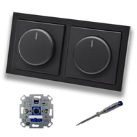 REV Ritter (2 Stück) LED Drehdimmer Dimmer + Busch Jäger Dimmerscheiben 6540-885-102 in Future Linear schwarz matt im 2-fach Rahmen + EBROM Phasenprüfer zur Montage der Geräte ET1 66012B