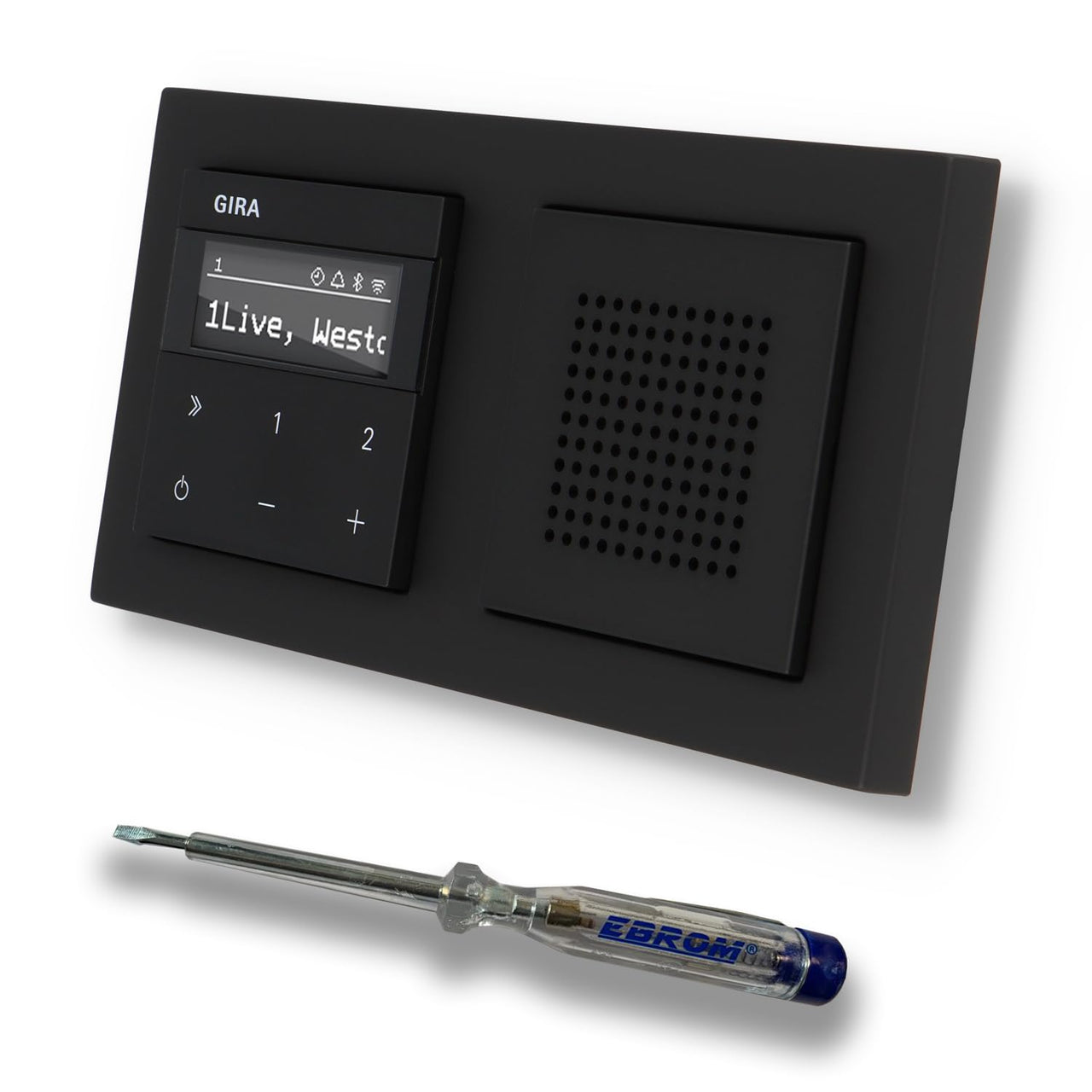 Gira Unterputz IP Internetradio 232003 + Bluetooth Komplett-Set mit Lautsprecher - E2 schwarz matt mit 2fach Rahmen Gira 021209 inkl. EBROM Phasenprüfer zur Montage der Geräte