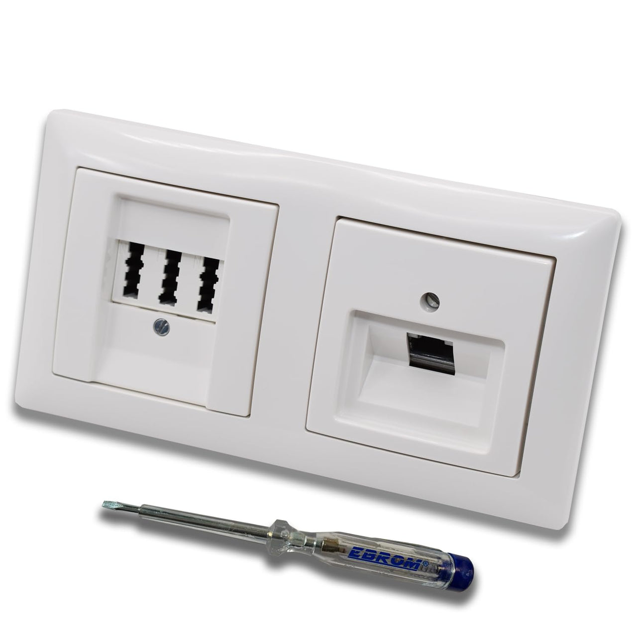 Busch Jäger, Rutenbeck Unterputz Netzwerkdose 10 Gigabit/S (10GbE) KAT6A 6A 1xRJ45 Anschluss + EBROM Telefon TAE 3x6 NFN Dose im BJ BalanceSi alpinweiß Design + EBROM Phasenprüfer z. Montage d. Geräte
