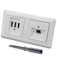 Busch Jäger, Rutenbeck Unterputz Netzwerkdose 10 Gigabit/S (10GbE) KAT6A 6A 1xRJ45 Anschluss + EBROM Telefon TAE 3x6 NFN Dose im BJ BalanceSi alpinweiß Design + EBROM Phasenprüfer z. Montage d. Geräte