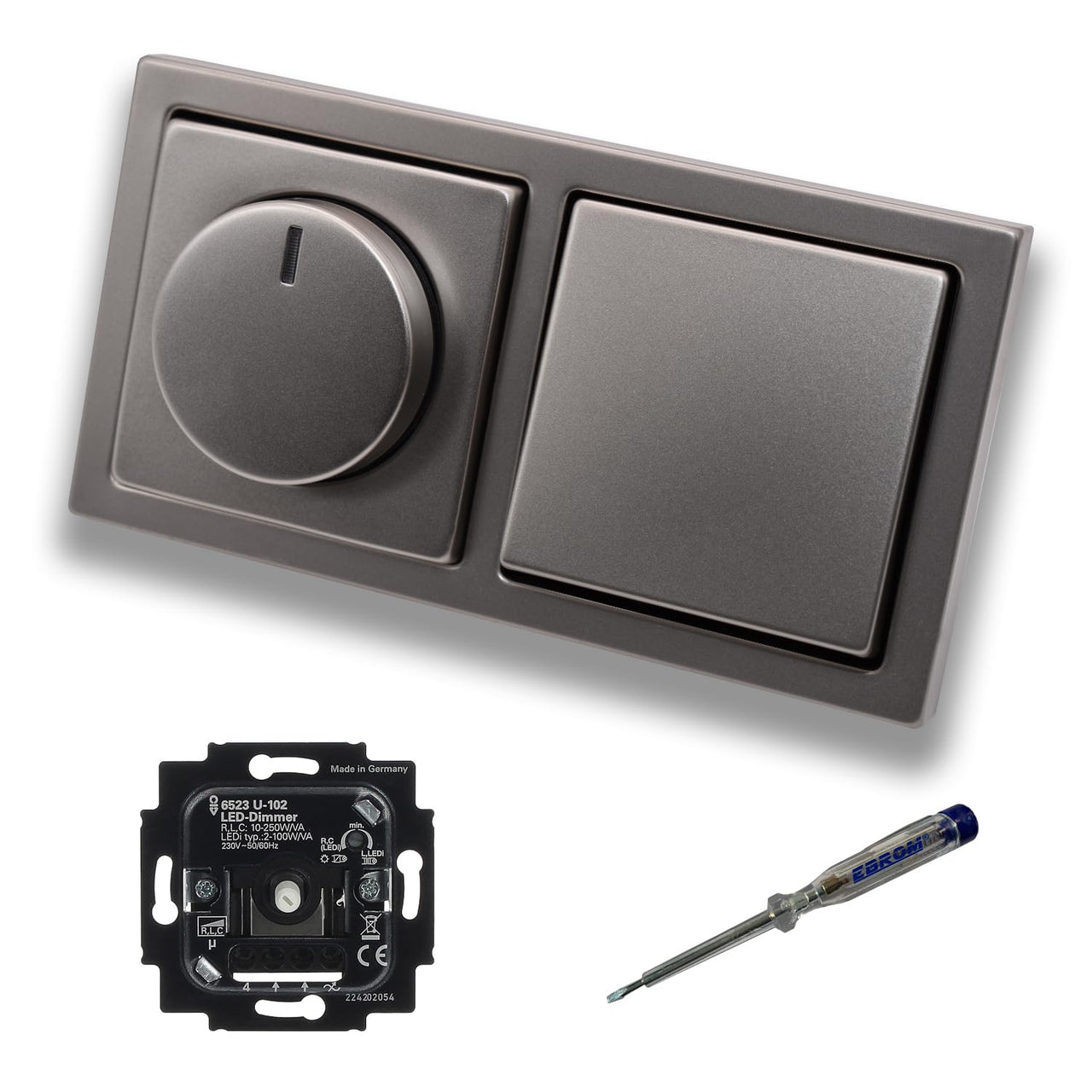 Busch Jäger 6523U-102 LED Drehdimmer Dimmer + Dimmerscheibe 6540-866-102 und Kreuzschalter 2000/7 US in PUR Edelstahl inklusive EBROM Phasenprüfer zur Montage der Geräte 6523 U – 102